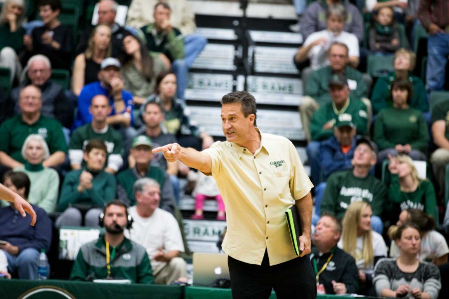 CSU Head Coach Tom Hilbert point out a play against Boise State on Nov. 4. The Rams defeated the Broncos in three sets. (Jordan Reyes | Collegian)