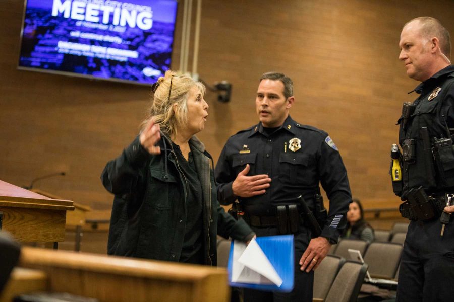 Mourning mother Susan Holmes passionately voices her opinion to the City Counsel about the actions taken after her son was fatally shot by police. (Collegian File Photo)