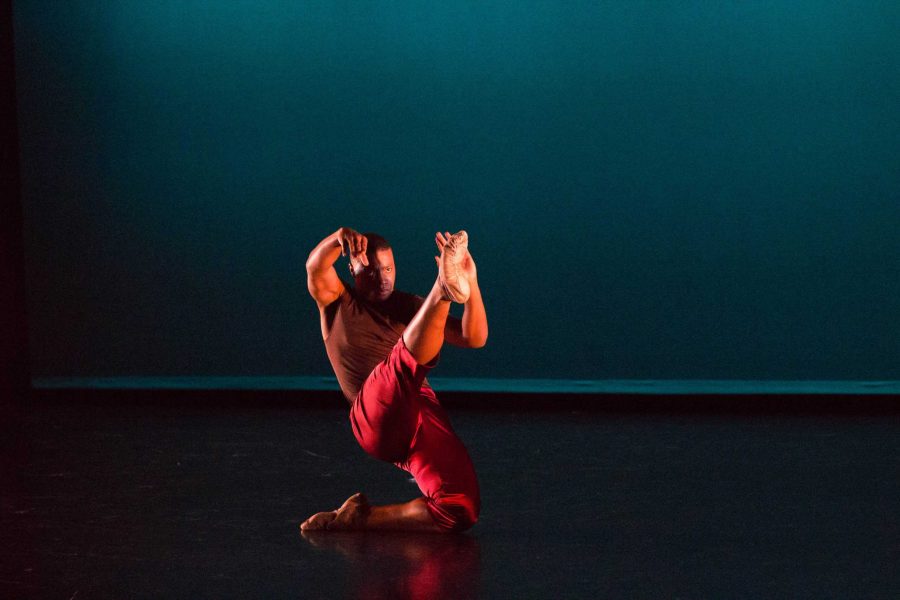 Mohammed York performs in the fourth frame of Ricochet, a dance piece choreographed by CSU Dance Instructor Matthew Harvey. Ricochet was the final piece performed during the Fall Dance Concert at the UCA on Nov. 9. (Ashley Potts | Collegian)