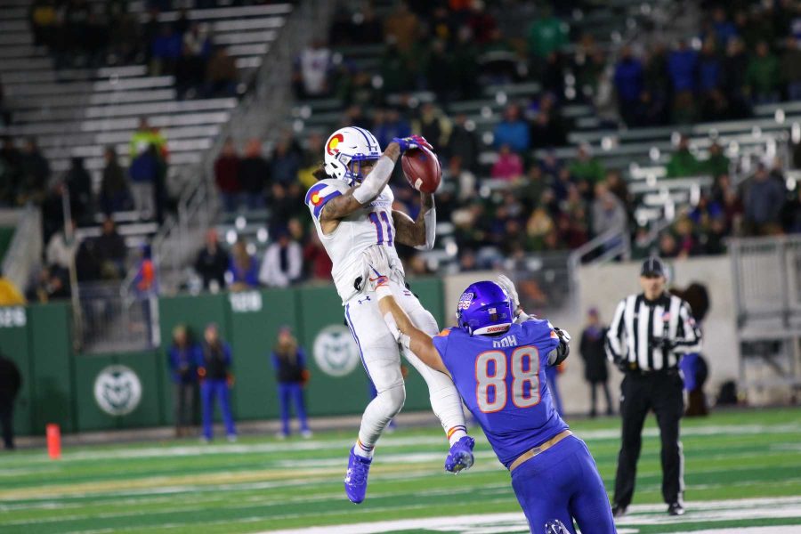 Safety Jordan Fogal intercepts a pass from Boise State late in the fourth quarter of the game on Nov 11, 2017. The Rams lost 59-52 in overtime. (Jack Starkebaum | Collegian)
