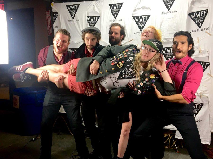 Jesse Nyander has some fun while interviewing Team EvrGlo Media about their film Strange Fun. (Sarah Ehrlich | Collegian)