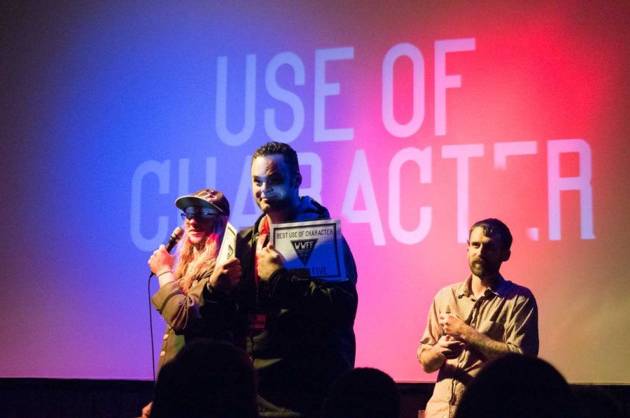 Team Factor Five claims the award of Best Use of Character at the Weekend Warrior Film Festival Saturday Night. Photo by Olive Ancell | Collegian