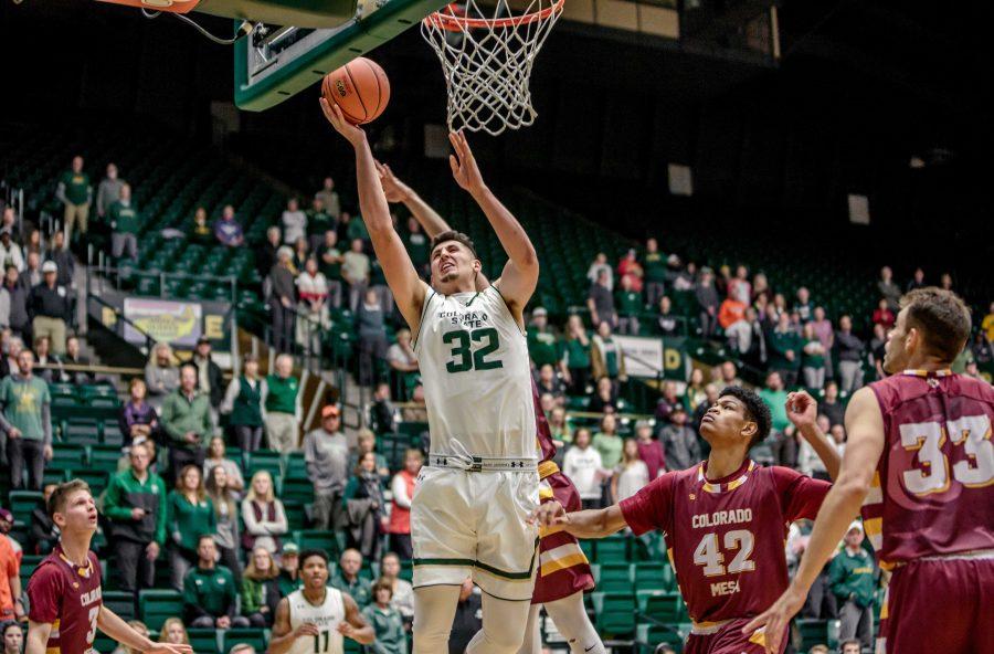 Colorado State University Sophomore Forward Nico Carvacho attempts a layup against MCU defenders in the second half during the Rams 86-75 exhibition game win. (Davis Bonner | Collegian)
