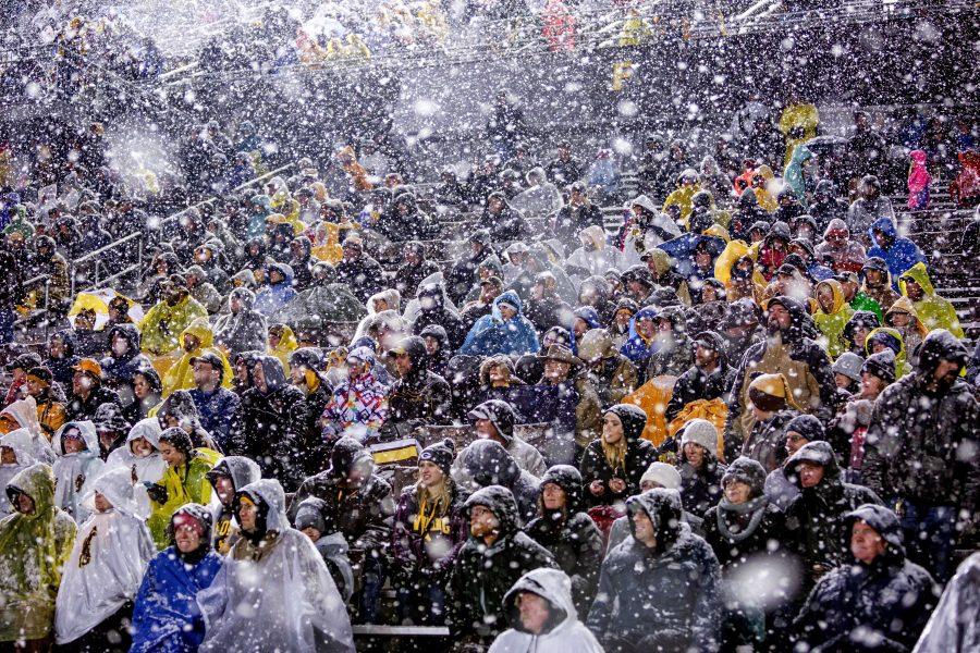 Fans at War Memorial Stadium pushed through wind, rain, sleet and snow Saturday night for the 109th Border War game between CSU and UW. Wyoming finished with a 16-13 win over CSU. (Davis Bonner | Collegian)