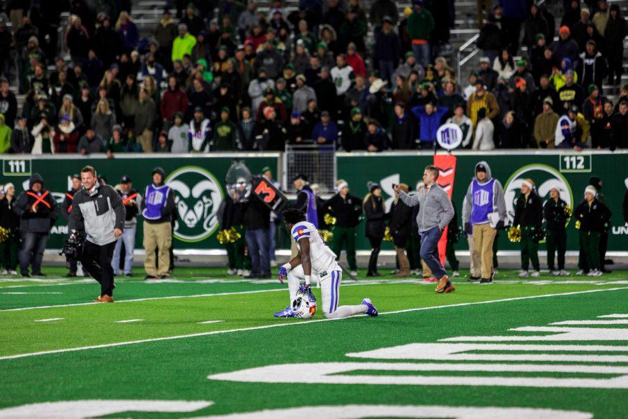 Colorado State University Wide Receiver Detrich Clark (8) reacts after the Rams lost to Boise State 59-52 in overtime Saturday night. (Davis Bonner | Collegian)