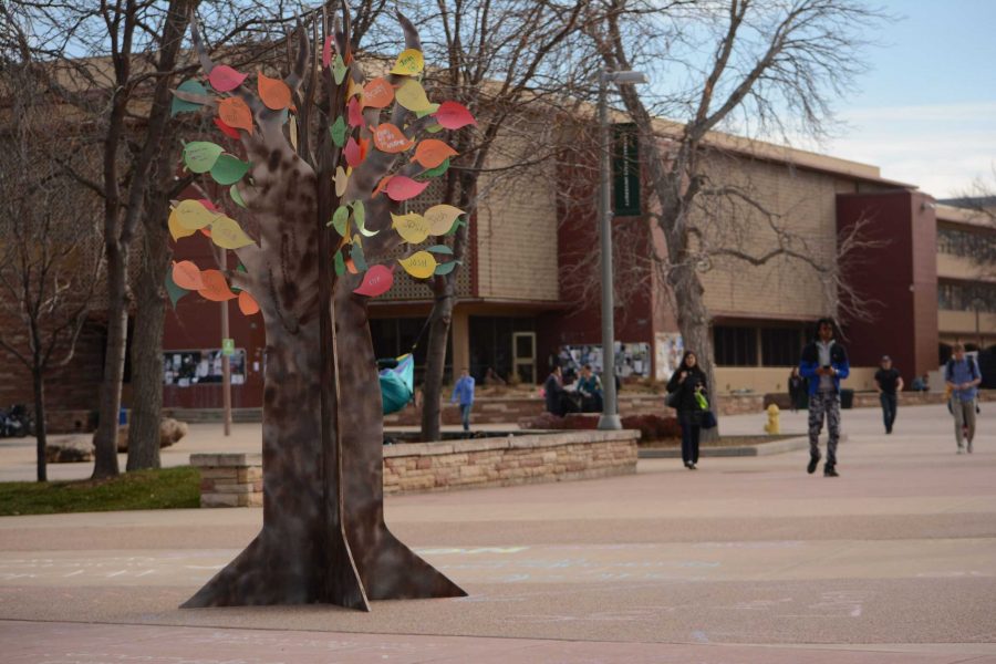 The tree standing in the plaza is made of the names of those lost to suicide. Social Work 410 Social Wellness Policy students were in front of the LSC to raise awareness for a far-too-common issue in colleges. Students approached the desk to write the name of someone they lost to be stapled on the tree. (Maya Shoup | Collegian)