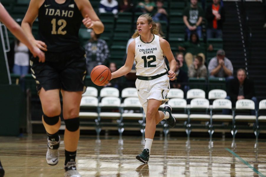 Junior Forward Callie Kaiser brings the ball up the court against the Idaho State Vandals on Nov. 10. The Rams fell to Vandals 83-69 during the home opener at Moby Arena. (Elliott Jerge | Collegian)