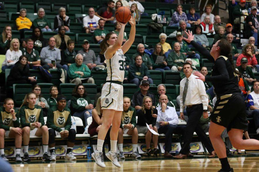 Freshman Guard Lore Devos takes a three pointer during the third quarter of play against the Idaho State Vandals on Nov. 10. The Rams fell to Vandals 83-69 during the home opener at Moby Arena. (Elliott Jerge | Collegian)
