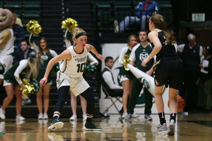 Senior Guard Hannah Tvrdy plays defense on a forward during the fourth quarter against the Idaho Vandals on Nov. 10. The Rams fell to Vandals 83-69 during the home opener at Moby Arena. (Elliott Jerge | Collegian)