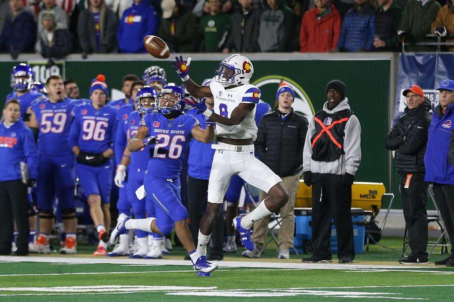 Colorado State Linebacker Detrich Clark makes a catch during the third quarter of play against the Boise State Broncos on Nov. 11. (Elliott Jerge | Collegian)