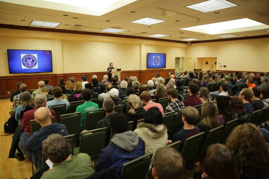 Julia Ioffe speaks to a full crowd during her presentation of "What Does Russia Want?" at the Lory Student Center on Tuesday evening. (Forrest Czarnecki | The Collegian)