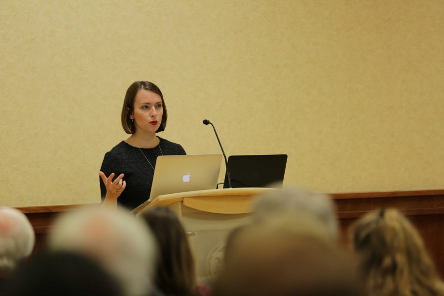 Julia Ioffe speaks during her analytical presentation of "What Does Russia Want?" at the Lory Student Center on Tuesday evening. (Forrest Czarnecki | The Collegian)