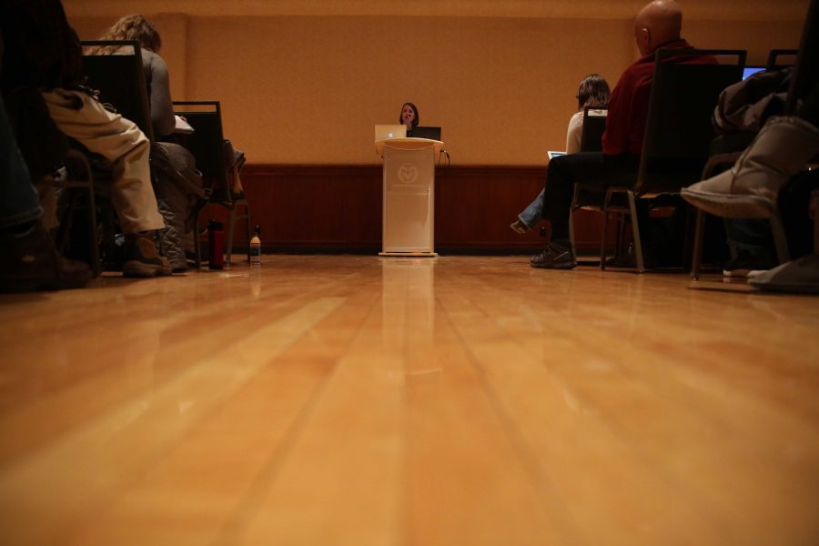 Julia Ioffe speaks during her analytical presentation of "What Does Russia Want?" at the Lory Student Center on Tuesday evening. (Forrest Czarnecki | The Collegian)