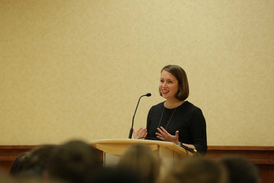 Julia Ioffe speaks during her analytical presentation of "What Does Russia Want?" at the Lory Student Center on Tuesday evening. (Forrest Czarnecki | The Collegian)