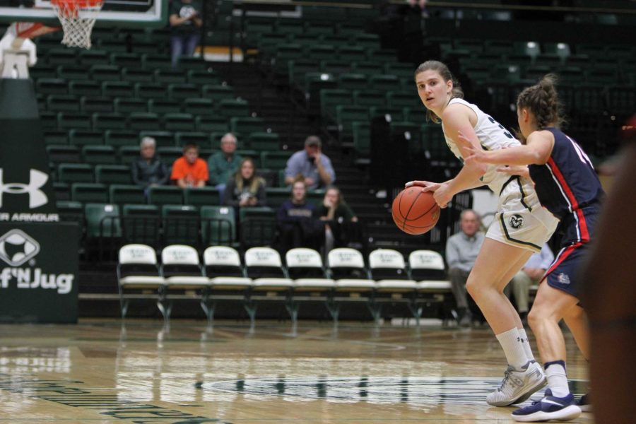 Lore Devos attempts to pass the ball to a teammate during the basketball game against the Gonzaga Bulldogs Nov 13. (Tony Villalobos May | Collegian)