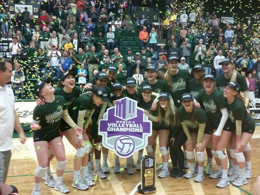 The Colorado State volleyball team celebrates its 14th Mountain West title Saturday afternoon following a win over UC Davis. CSU will head to the NCAA tournament for the 23rd consecutive year. (Austin White | Collegian)