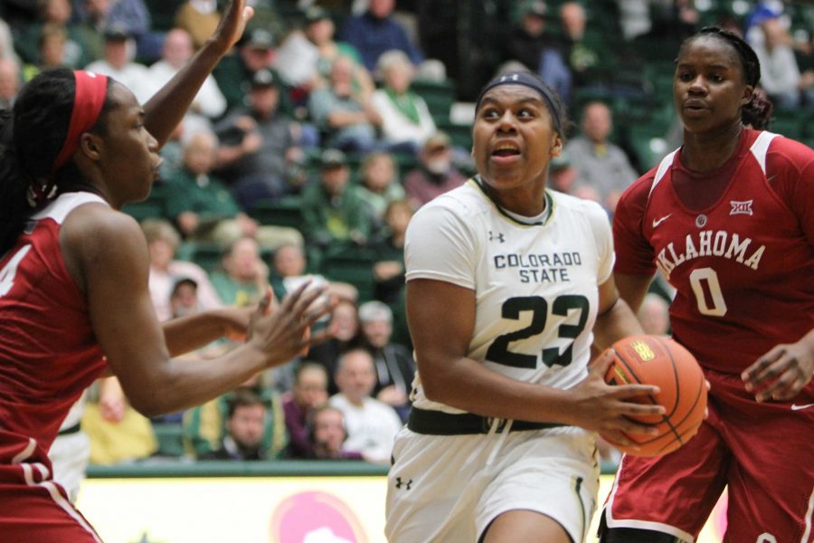 Grace Colaivalu (23) drives the ball forward against Oklahoma and scores on Nov 21. (Tony Villalobos May | Collegian)