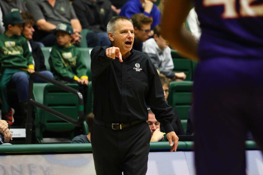 Head Coach Larry Eustachy yells towards the court during a game against Northwestern State on Nov. 24. (Javon Harris | Collegian)