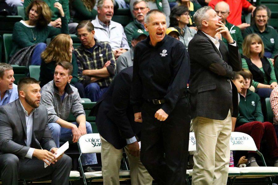 Head Mens Basketball Coach Larry Eustachy reacts towards a ref during the 2nd half of the Rams 80-76 win over Winthrop on Nov. 14 at Moby Arena. (Javon Harris | Collegian)