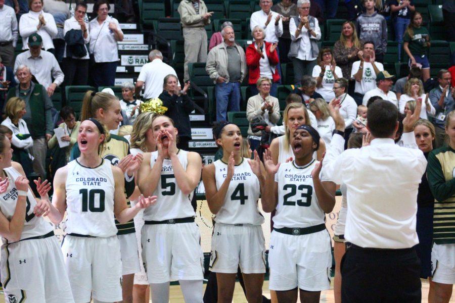 The women's basketball team sings the CSU fight song after defeating BYU 56-54 on Saturday, Dec. 2. (Matt Begeman | Collegian)