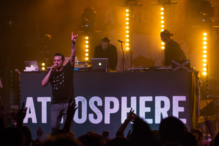Sean Slug Daley and Anthony Ant Davis  of  Atmosphere perform at the Aggie Theatre on Dec. 9, 2017. Atmosphere stopped in Fort Collins as a part of their Welcome to Colorado tour. (Jack Starkebaum | Collegian)