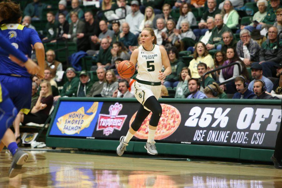 Sofie Tryggedsson (5) looks for an opening against San Jose State University on Dec. 30. (Tony Villalobos May | Collegian)