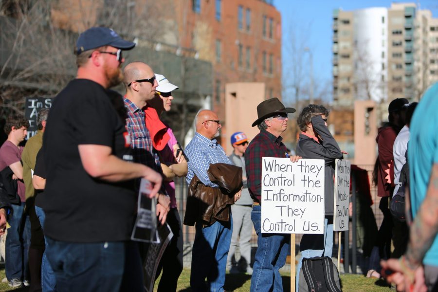 Roughly 100 community members attended the Net Neutrality protest organized by Common Cause in Denvers Skyline Park Saturday afternoon. This protest comes just days before the FCC is set to vote on Net Neutrality. (Davis Bonner | Collegian)