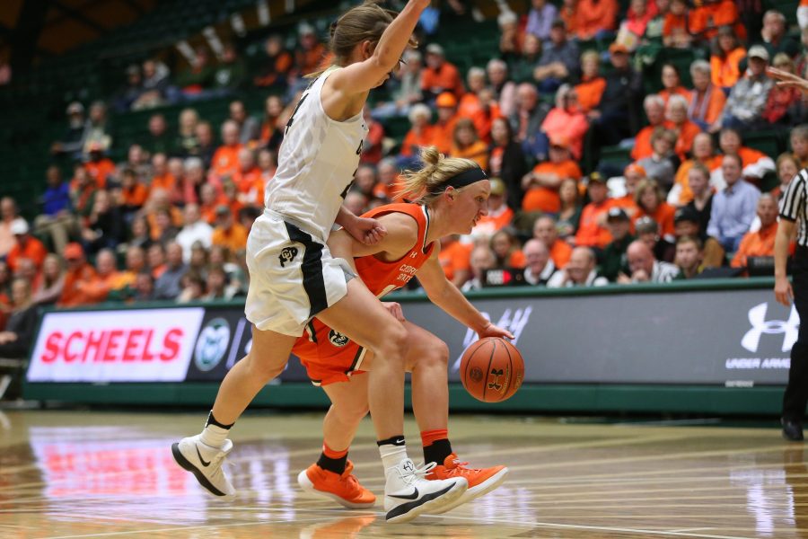Redshirt Senior Guard Hannah Tvrdy drives to the hoop during the first quarter of play against the Colorado State Buffaloes on Dec. 6. The Rams fell in a hard fought battle 70-67 in Moby Arena. (Elliott Jerge | Collegian)