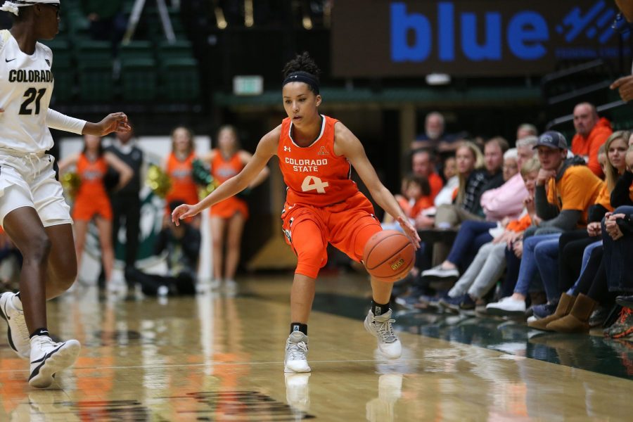 Redshirt freshman guard Jordyn Edwards moves the ball up the court during the second quarter of play against the Colorado Buffaloes on Dec. 6. The Rams fell in a hard fought battle 70-67 in Moby Arena. (Elliott Jerge | Collegian)