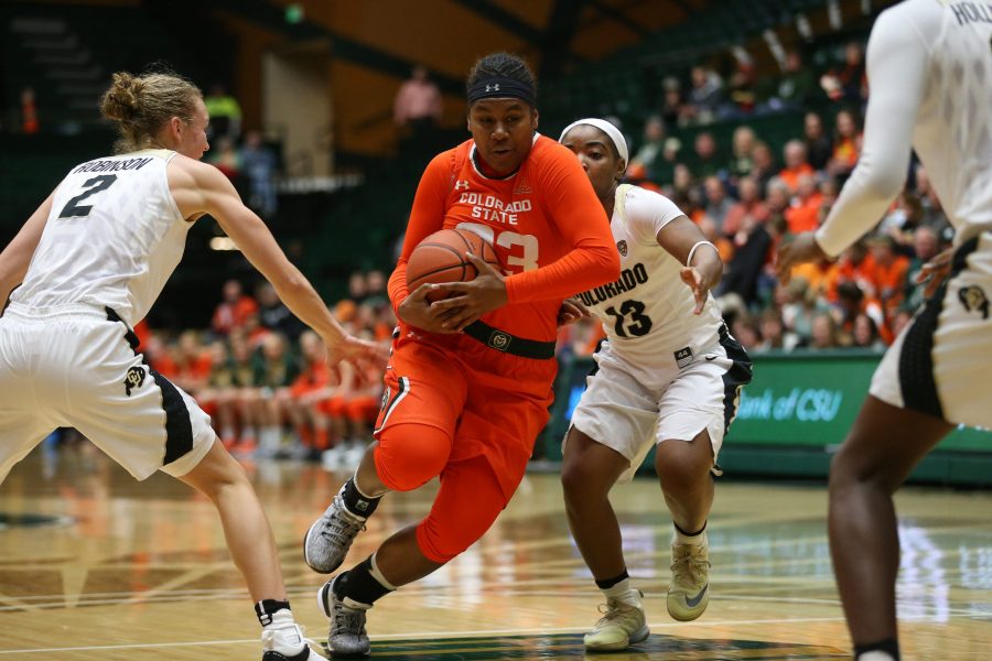 Redshirt freshman guard Grace Colaivalu drives to the hoop during the first quarter of play against the Colorado Buffaloes on Dec. 6. The Rams fell in a hard fought battle 70-67 in Moby Arena. (Elliott Jerge | Collegian)