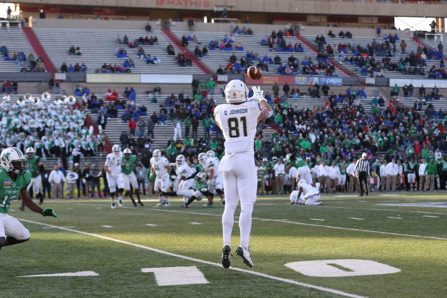 Wide Receiver Olabisi Johnson makes a wide open catch during the second quarter of action against the Marshall Thundering Herd in the Gildan New Mexico Bowl on Dec. 16. (Elliott Jerge | Collegian)