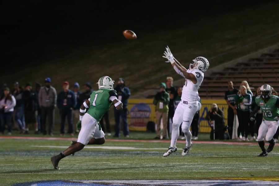 Wide Receiver Olabisi Johnson makes a catch from a pass by Nick Stevens during the third quarter of action against the Marshall Thundering Herd in the Gildan New Mexico Bowl on Dec. 16. (Elliott Jerge | Collegian)