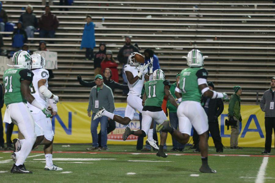 Wide Receiver Detrich Clark makes a catch in the fourth quarter of play against the Marshall Thundering Herd in the Gildan New Mexico Bowl on Dec. 16. (Elliott Jerge | Collegian)