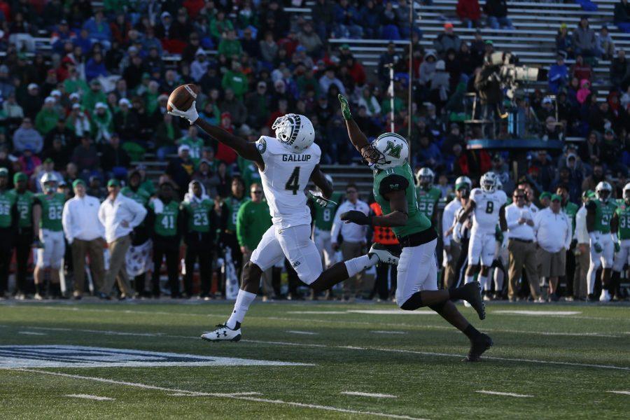 Wide Receiver Michael Gallup stretches out for a deep pass but is unable to pull it in during the second quarter of action in the Gildan New Mexico Bowl against Marshall on Dec. 16. (Elliott Jerge | Collegian)