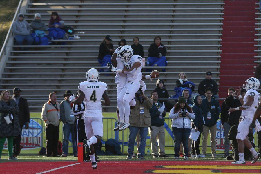 Wide receiver Detrich Clark celebrates a touchdown in the second quarter of play against the Marshall Thundering Herd in the Gildan New Mexico Bowl on Dec. 16. (Elliott Jerge | Collegian)