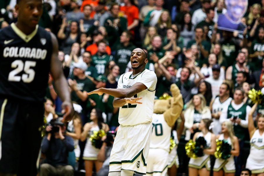 Junior guard J.D. Paige celebrates a win over rival Colorado on Dec. 2nd at Moby Arena. (Javon Harris | Collegian)