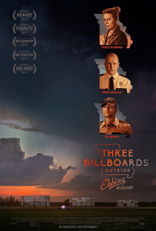 A setting orange sun frames the poster for "Three Billboards Outside Ebbing, Missouri"