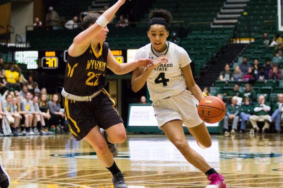Jordyn Edwards sprints around a Wyoming player during the Border War game at Moby Arena on Jan. 13. The Rams fell to the Cowgirls 53-49. (Ashley Potts | Collegian)