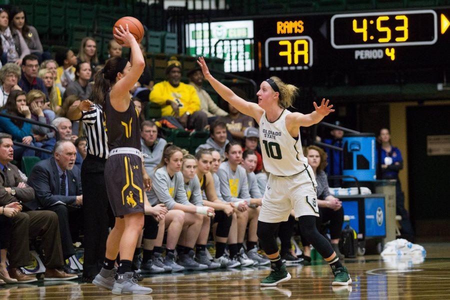 Hannah Tvrdy defends a pass during the Border War game at Moby Arena on Jan. 13. The Rams fell to the Cowgirls 53-49. (Ashley Potts | Collegian)