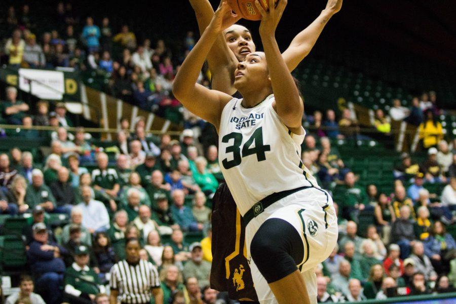 Liah Davis goes up for a shot against Wyoming during the Border War game at Moby Arena on Jan. 13. The Rams fell to the Cowgirls 53-49. (Ashley Potts | Collegian)