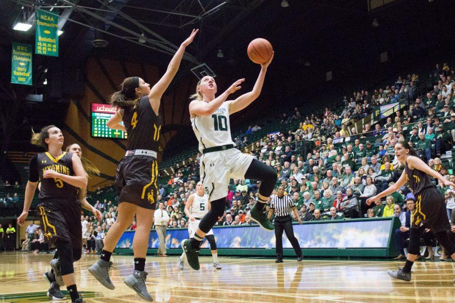 Hannah Tvrdy goes up for a layup against Wyoming during the Border War game at Moby Arena on Jan. 13. (Ashley Potts | Collegian)