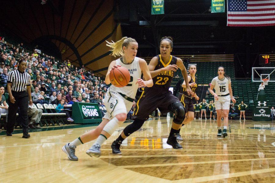 Stine Austgulen sprints around a Wyoming player during the Border War game at Moby Arena on Jan. 13. (Ashley Potts | Collegian)