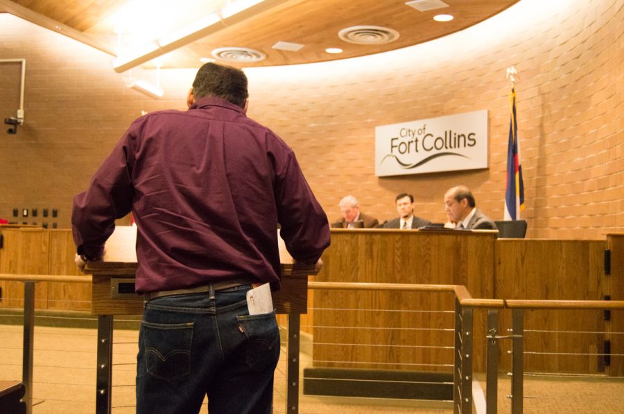Pastor Steve Ramer of the Fort Collins Mennonite Fellowship stood before city council on Tuesday evening to testify his support for the installation of lockers for the homeless at his church. His statement to the council claimed that some information within the plan of the pilot study was misleading and biased.  (Photo by Olive Ancell | Collegian)