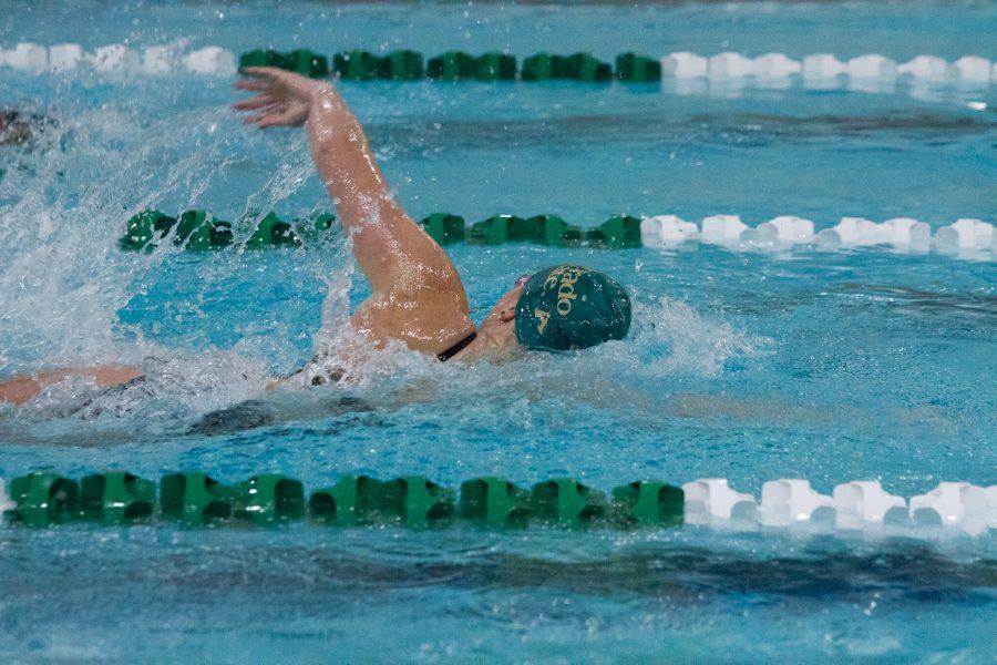 Haley Rowley of CSU took a commanding lead in the 1000-meter freestyle during the meet against the Air Force Falcons on Friday, January 26, 2018. She went on to win the event by over 30 seconds. (Josh Schroeder | Collegian)