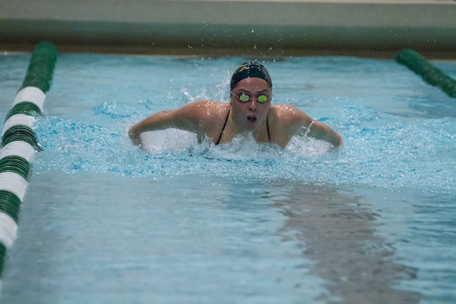 Marie Goodwyn swims in the 200-meter butterfly, an event she won against the Air Force Falcons on Friday, January 26, 2018. CSU beat the Falcons 183-114 in the meet, making their record 6-0 in January. (Josh Schroeder | Collegian)