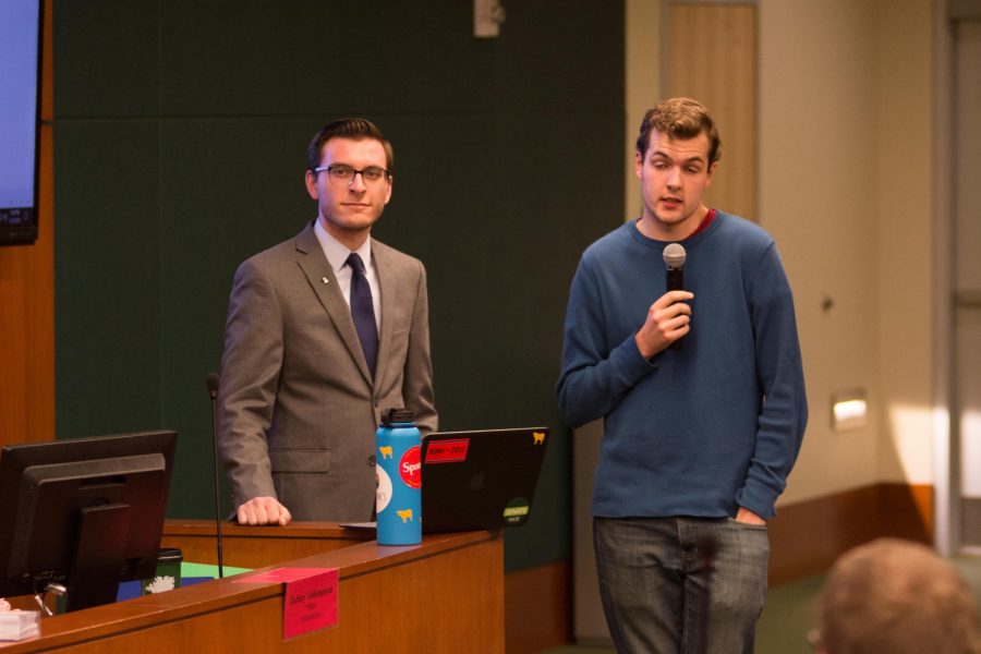 Kevin Sullivan and Tristan Syron speak to the ASCSU Senate and answer questions about the Water Bottle Bill on Jan. 31, 2018. (Colin Shepherd | Collegian)