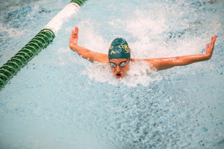 A Colorado State swimmer competes against Northern Arizona on Jan. 12. (Tony Villalobos May | Collegian)