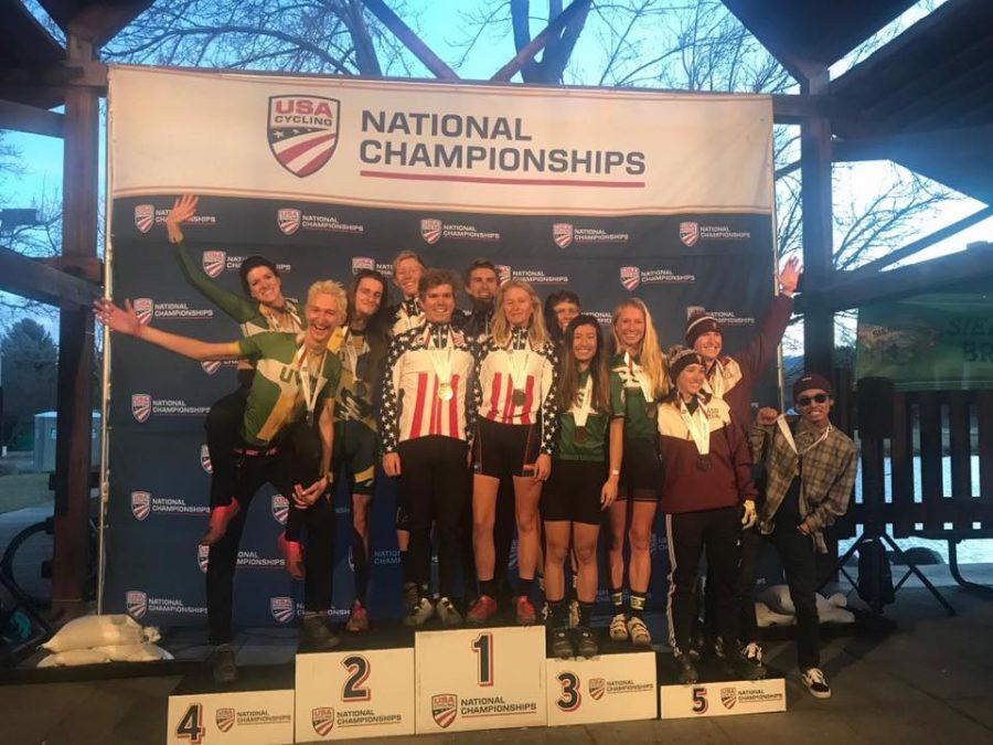 Willie Hawkins, Mel Beale, and Lauren Murray take 3rd place in the Team Relay at the 2018 Cyclocross Nationals. (CSU Rams Cycling) 