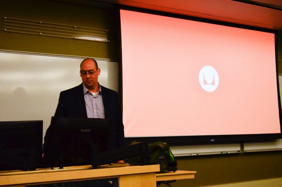 Herman Miller's Director of Environmental Health, Gabe Wing speaks on topics of sustainability in buisness at his lecture. (Vinny Del Conte | Collegian)