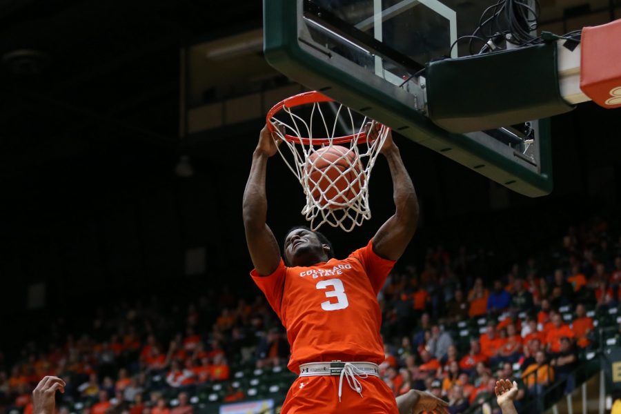 Sophomore Guard Raquan Mitchell dunks the ball during the first half of play  against the UNLV Rebels on Jan. 20 at Moby Arena. The Rams fell to the Rebels 79-74. The Rams are now 10-11 on the season. (Elliott Jerge | Collegian)